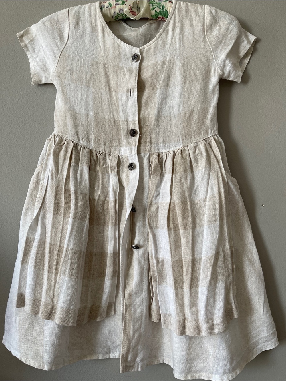 Linen Neutral Beige & Cream Button-Front Dress